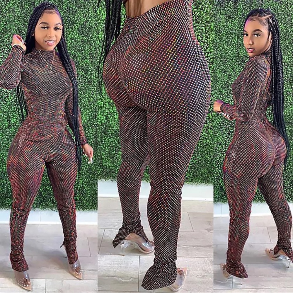 Glitter Sequin Long Sleeve Two Piece Pants Set Women Sexy Club Outfits